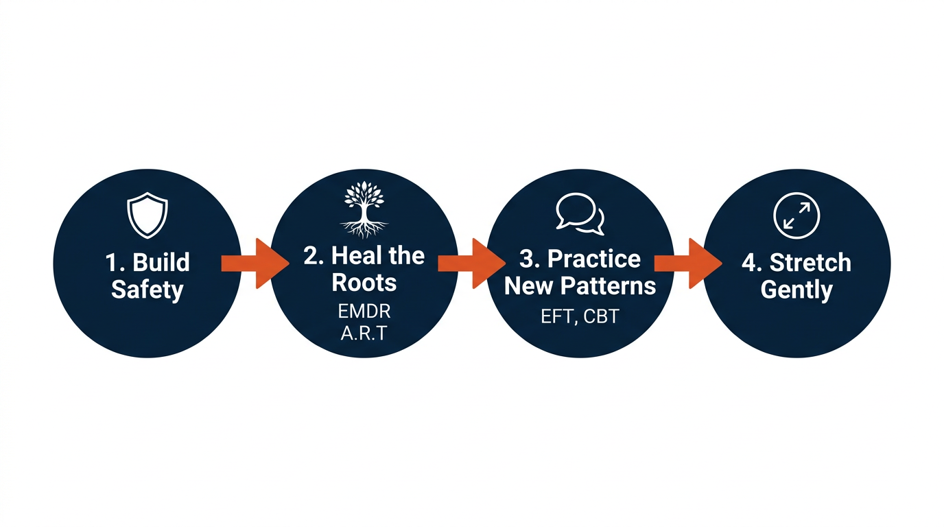 4 Steps of Healing: Build Safety, Heal the Roots, Practice New Patterns, Stretch Gently
