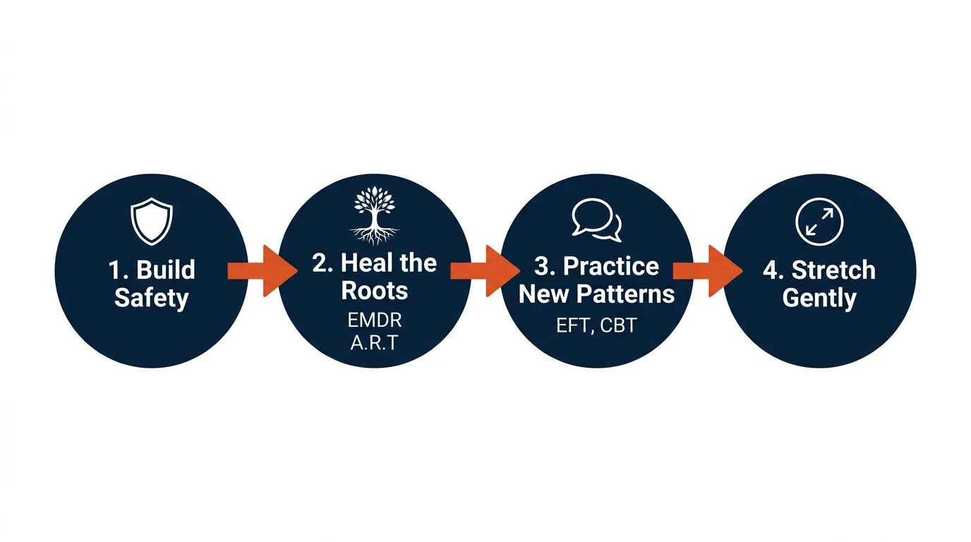 4 Steps of Healing: Build Safety, Heal the Roots, Practice New Patterns, Stretch Gently